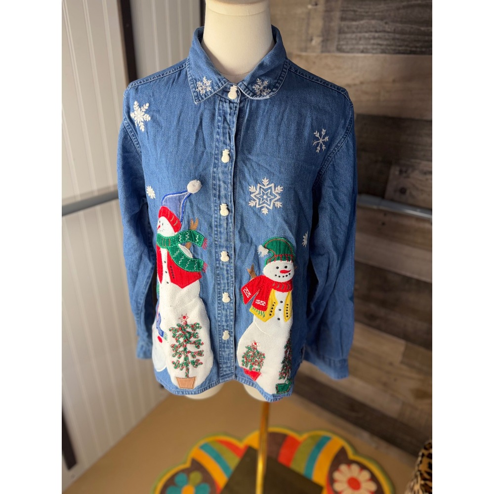 Vintage Snowman Embroidered Denim Button Down Shirt Christmas Holiday Blue